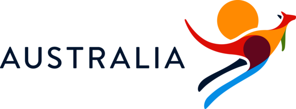 Logo Tourism Australia, Känguru und Sonne rot, gelb, blau, lila, orange, grün