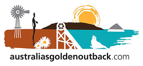 Logo Australias Golden Outback, Windrad, Aborigine, Sonne, Wasser, rote Erde, blau, orange, braun, weiss